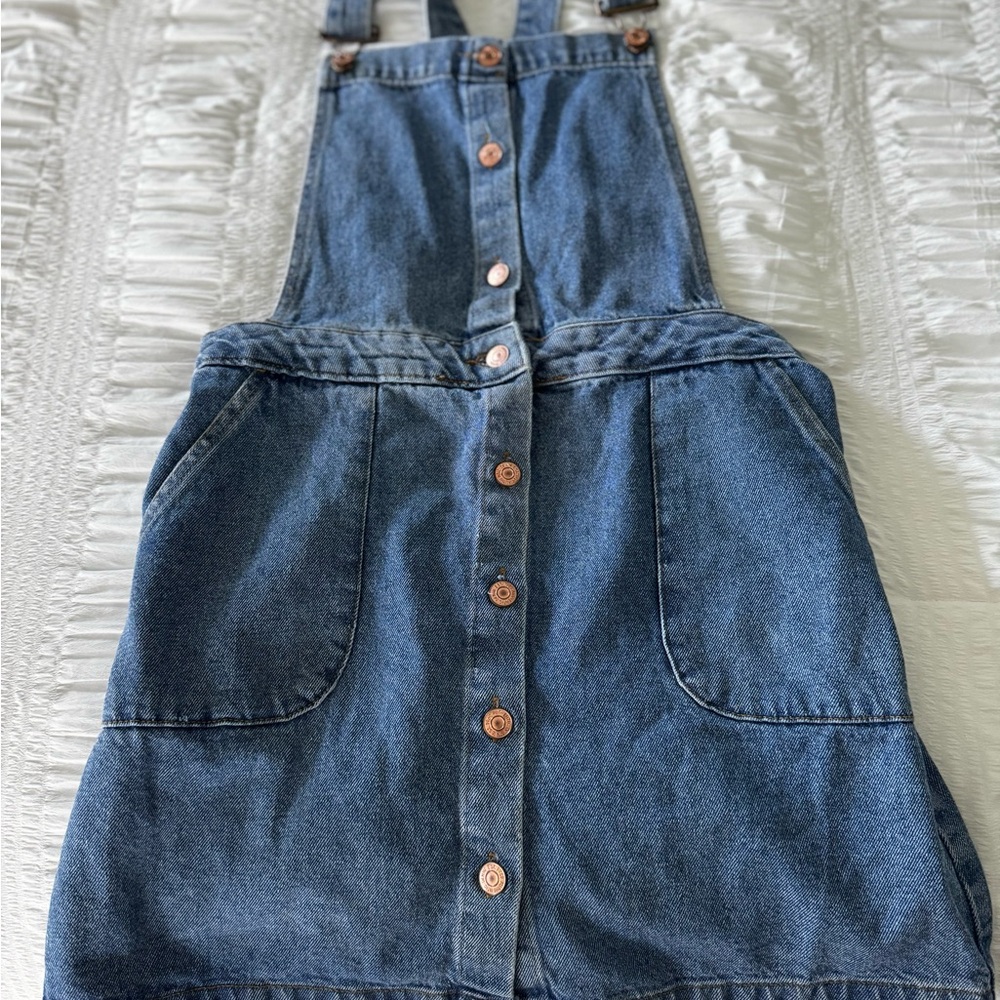 Denim Button-Front Overall Dress - Blue